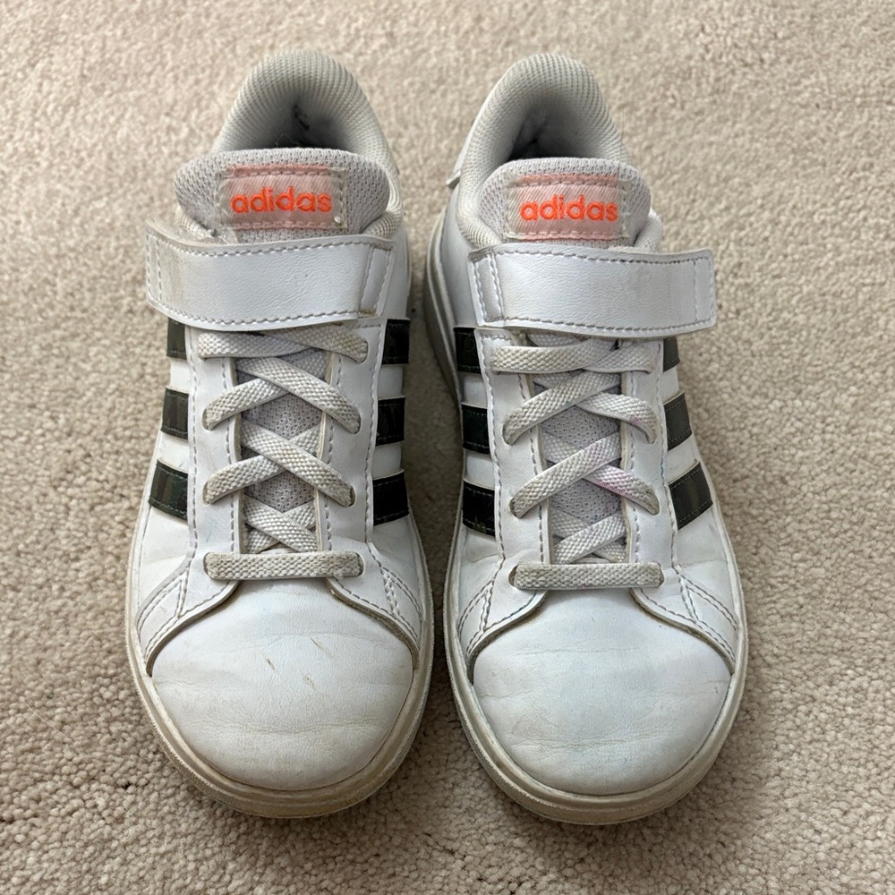 adidas Kids White Sneakers with Camo Stripes and Orange Logo